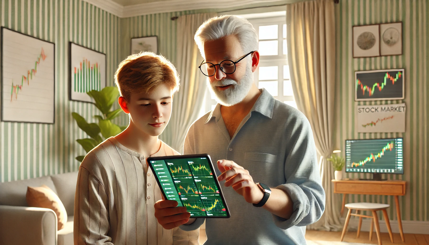 father teaching his son about stock market apps