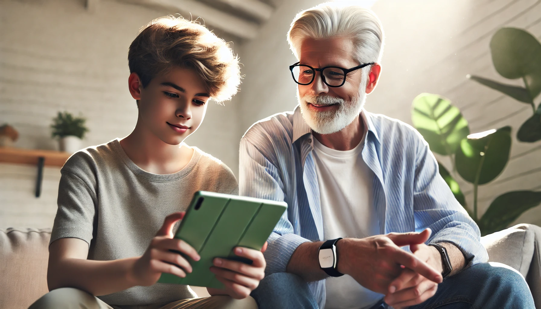 A young boy and an elderly man with white hair and a beard, sitting together on a couch, smiling as they look at a tablet device in the boy's hands