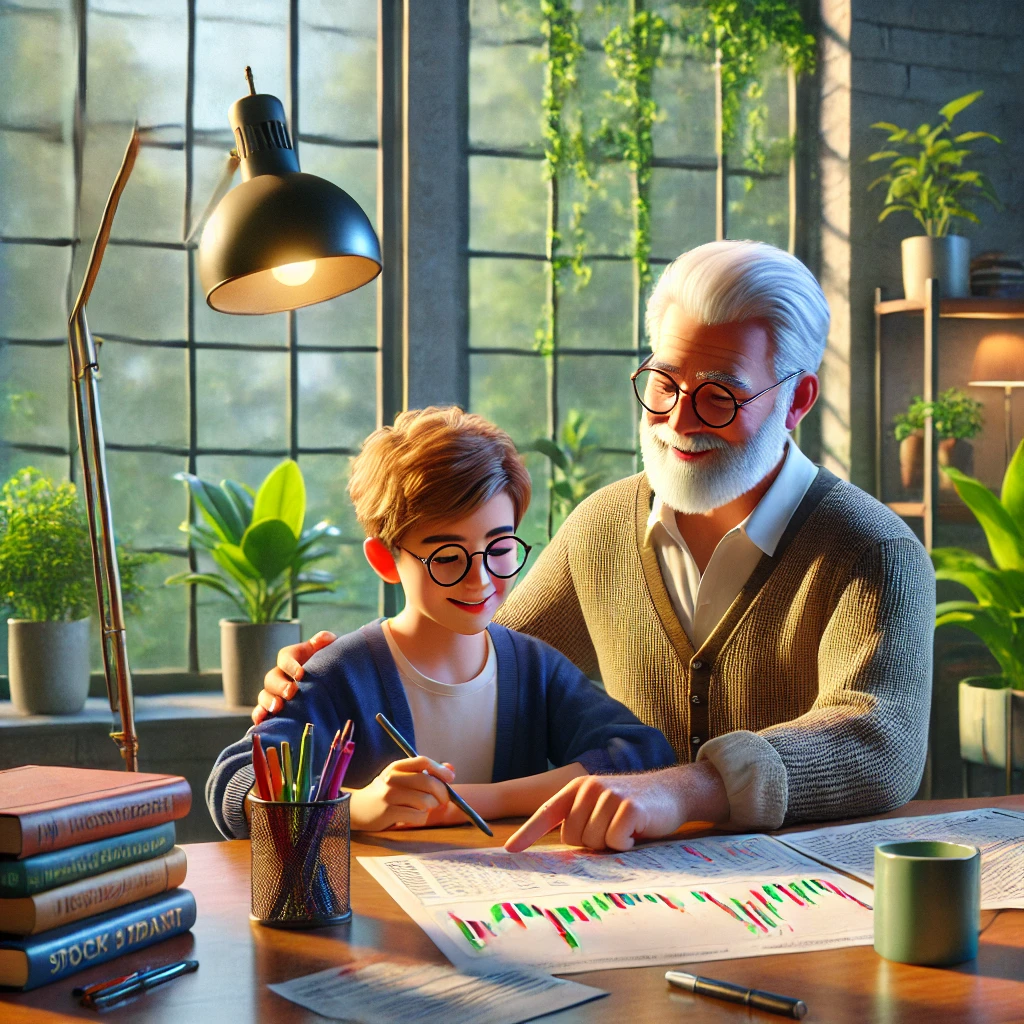 A peaceful and highly detailed scene of a father and his older teenage son sitting together at a table by a large window during daytime with natural l