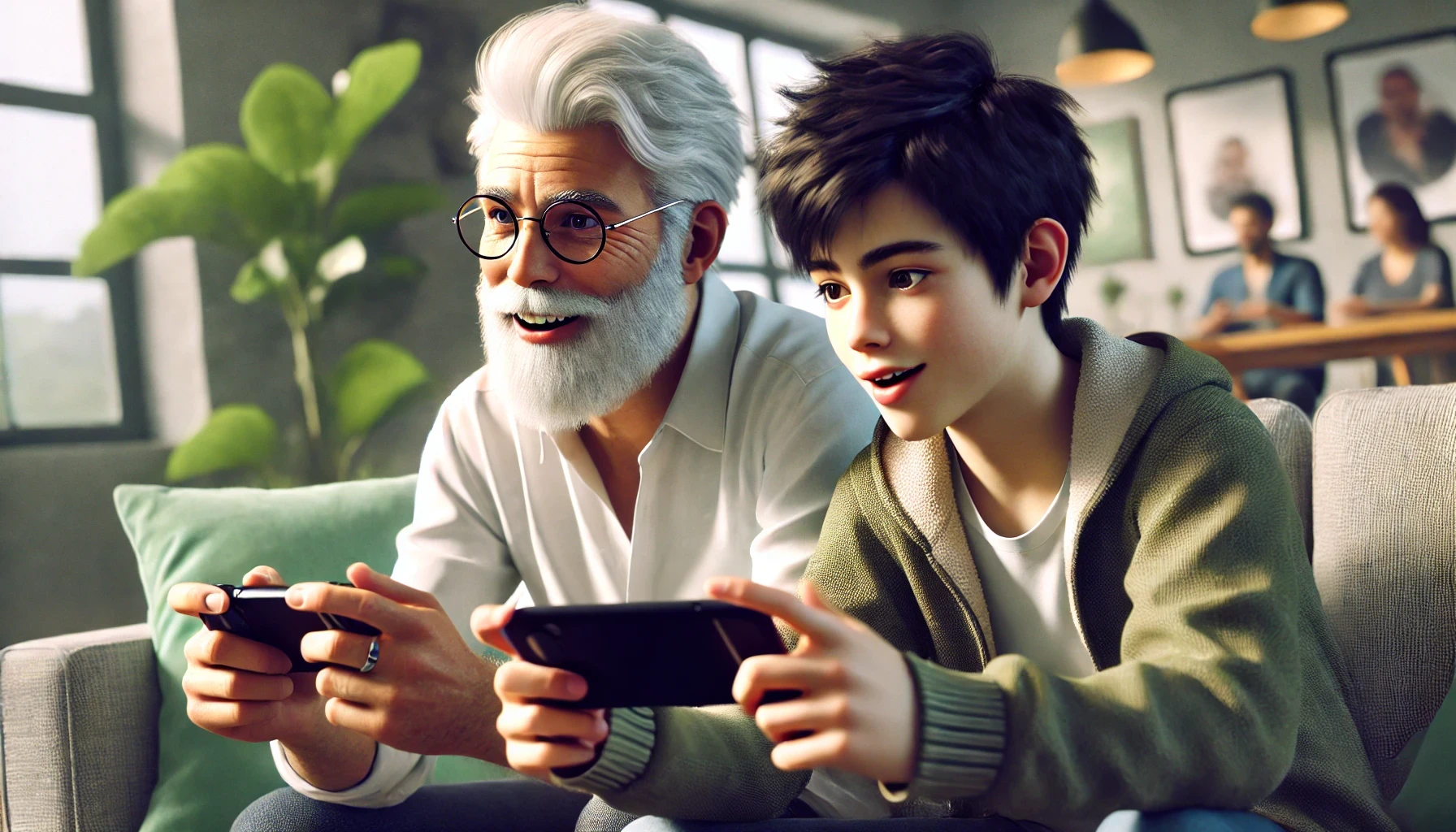 Father and son playing a game on mobile