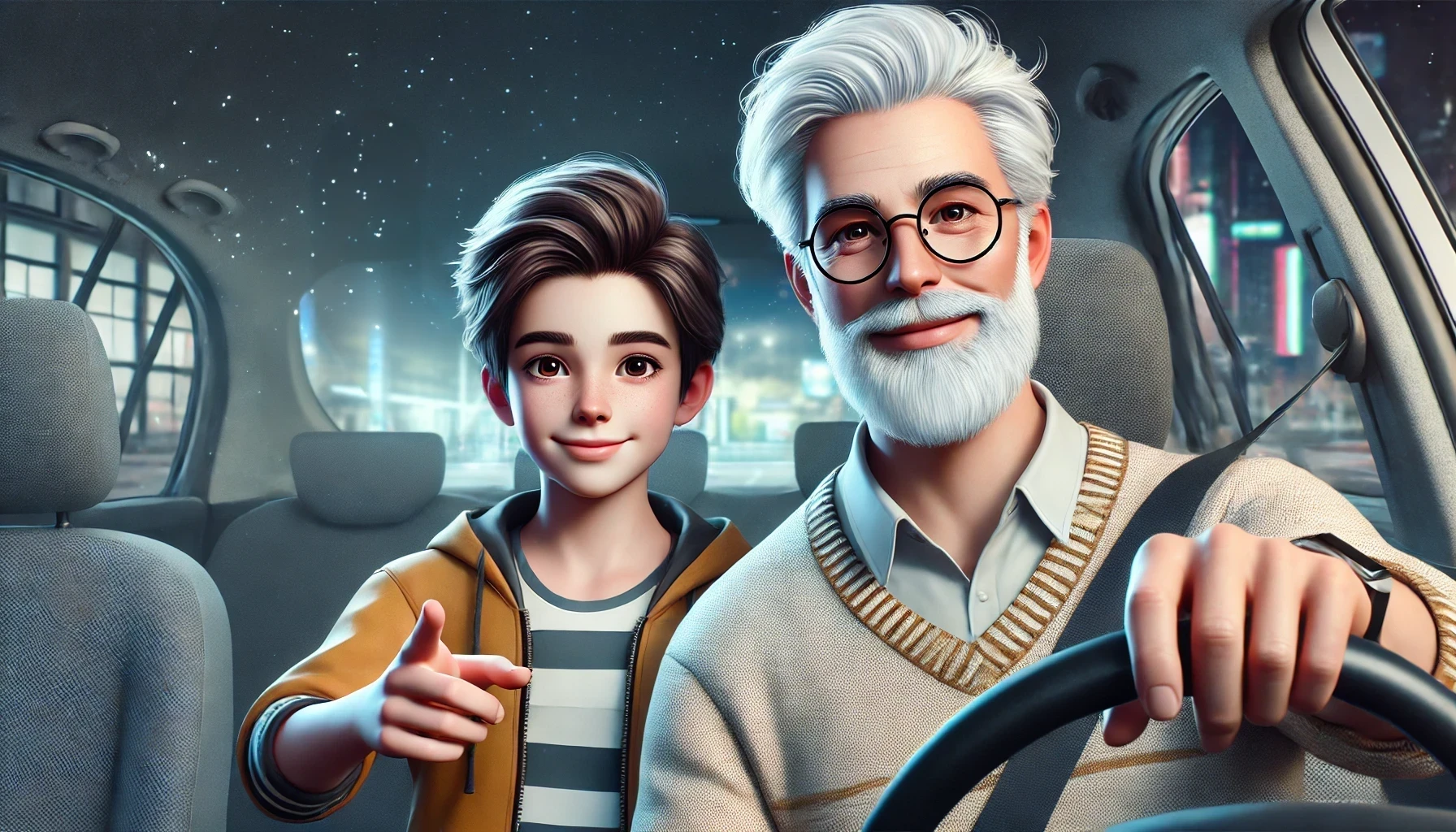 Artistic rendering of a boy and an older man in a car. The boy, smiling and pointing ahead, sits beside the man who is driving. The man has white hair, a beard, and wears glasses, giving a wise and gentle appearance. City lights twinkle outside the car windows.