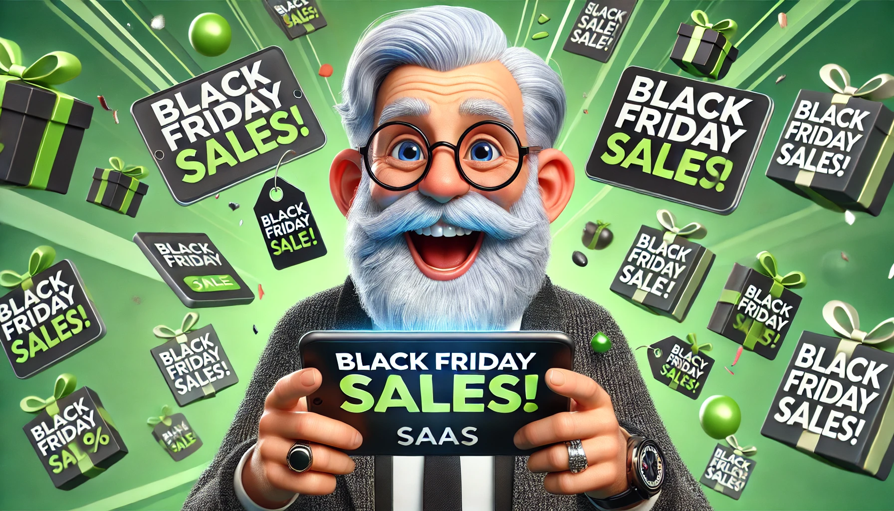 A man with a white beard holding a blackboard mentions SaaS Black Friday Deals.