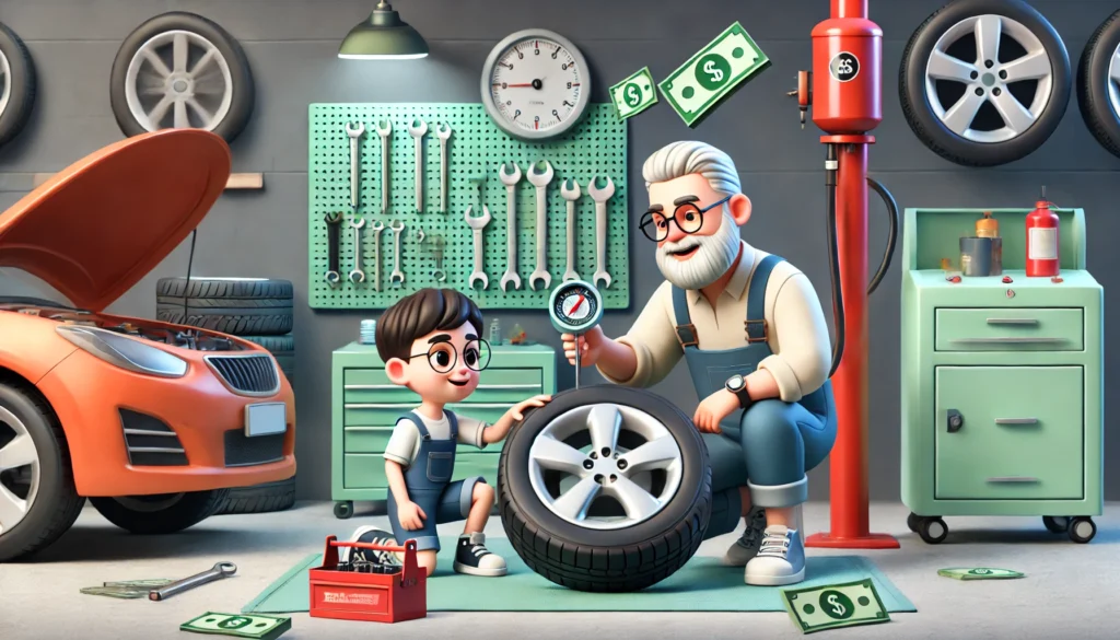 Father and son checking car tire air pressure in a garage.