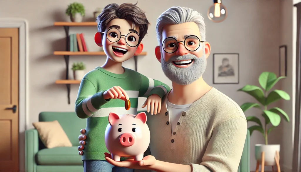 Father holding his son while the son is putting his coin in the piggy bank.