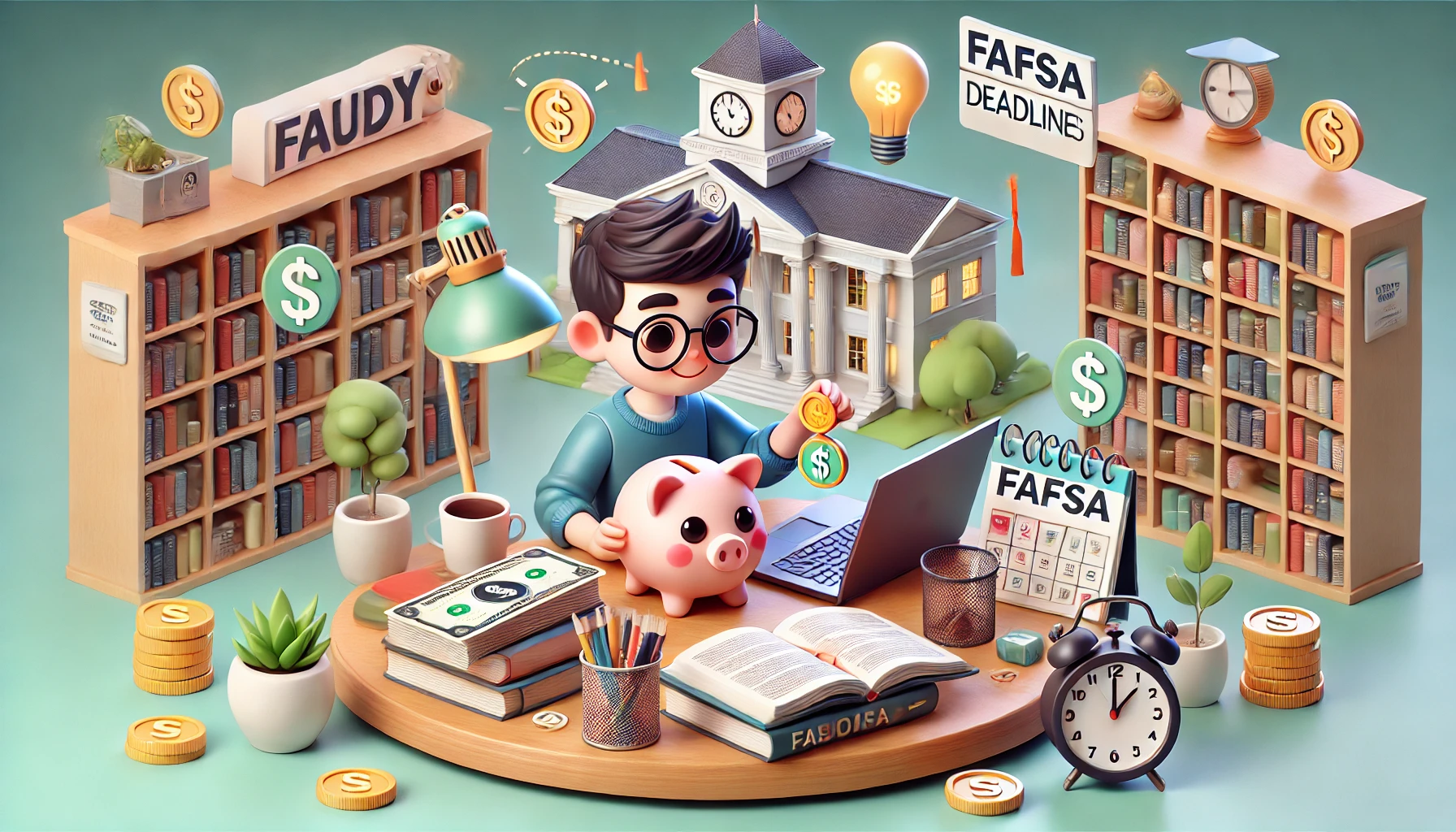 A 3D cute boy saving money in his piggy bank and studying