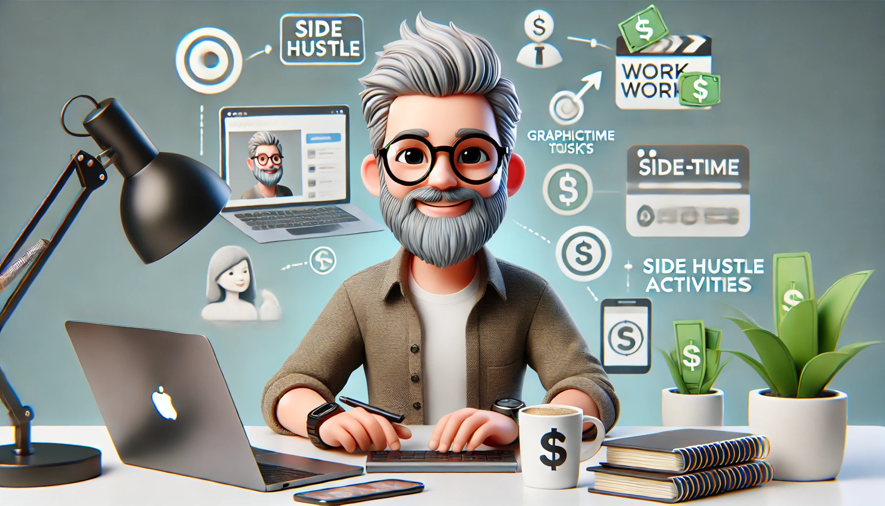 Man with a white beard and wears specs sitting in front of his laptop, thinking of how to start a side hustle.