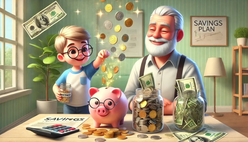 Father and son saving money, with the son putting his money into his piggy bank.