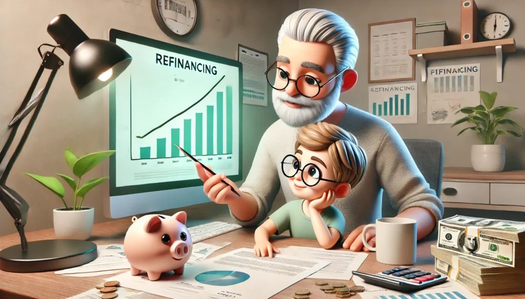 Father and son sitting in front of computer looking at finance graph which is going upwards.