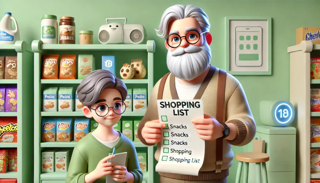 Father is holding a shopping list, and the son is watching that list.