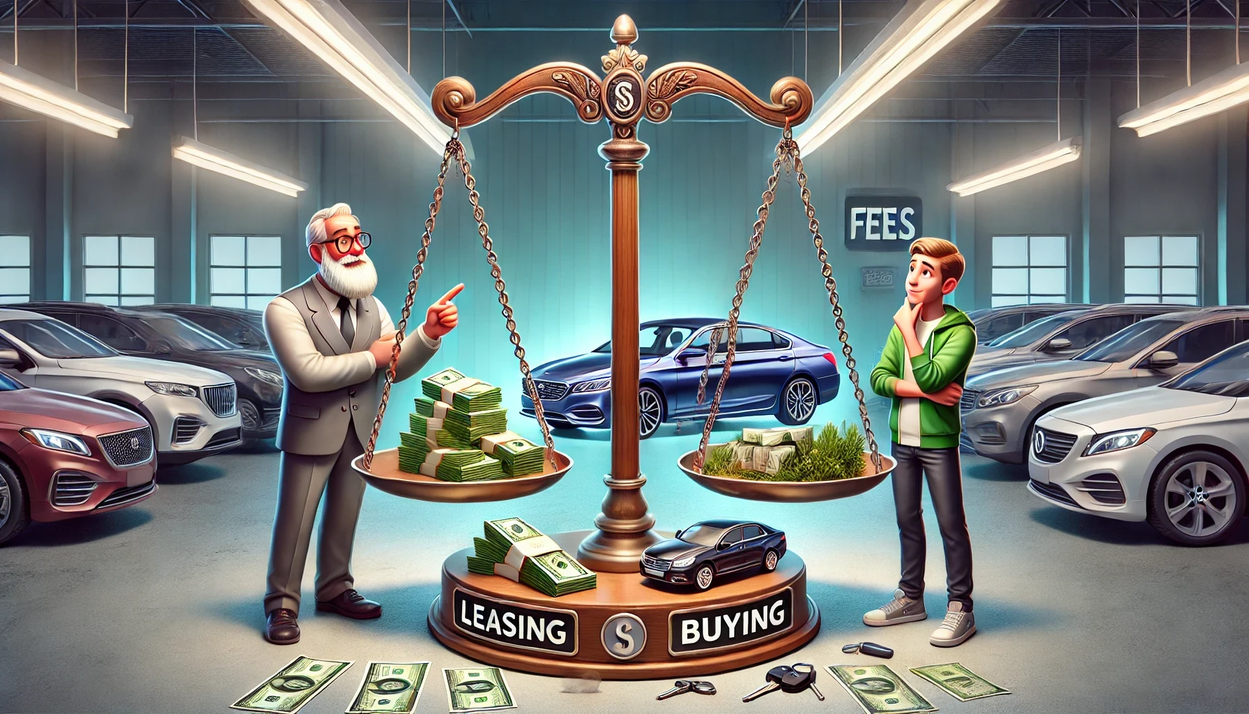 A 3D cartoon-style illustration of a father with a white beard and glasses pointing at a balance scale while his teenage son, wearing a green hoodie, observes thoughtfully. The scale compares leasing versus buying a car, with the leasing side showing stacks of cash and hidden fees, while the buying side shows a smaller car and savings. The scene is set in a well-lit car dealership, with subtle light green accents incorporated into the characters and surroundings