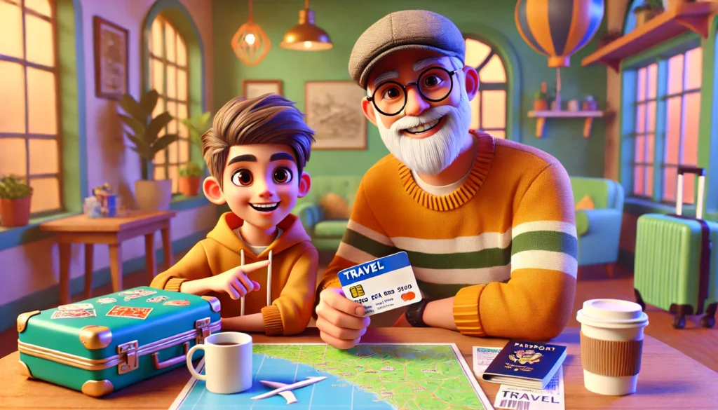 A 3D cartoon-style father and son, seated at a table with a travel map and a passport, discussing the perks of using the Best Travel Credit Cards to save on trips.