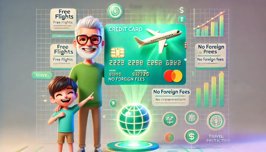 A vibrant infographic showcasing a white-bearded father and his son explaining how the Best Travel Credit Cards offer free flights, no foreign transaction fees, and exclusive travel rewards.