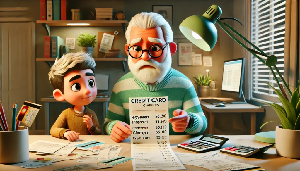 A father and son in a cozy home office, analyzing a list of fees and discussing how the Best Travel Credit Cards can minimize travel expenses effectively.